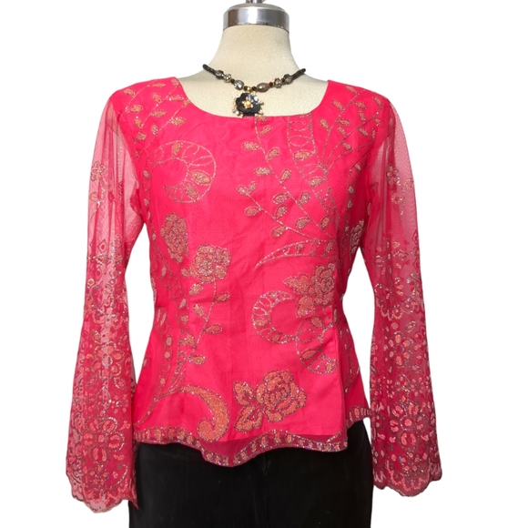 Designed Handmade Pink Embellish Flower Pattern Gold Sparkle Trimmed  Size S - Picture 11 of 16